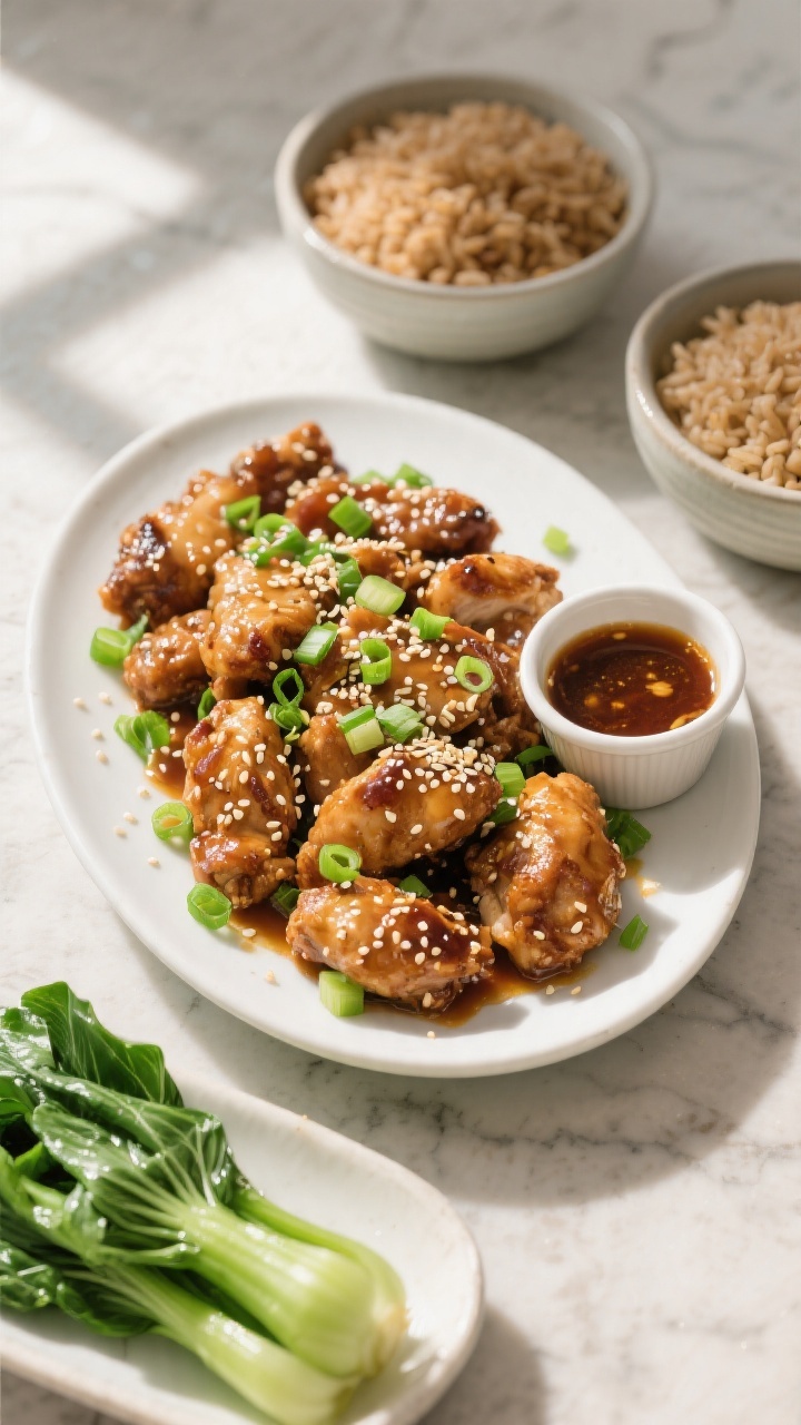 Tasty top view (overhead): Overhead shot of a family-style platter of Sesame Chicken with a small cu
