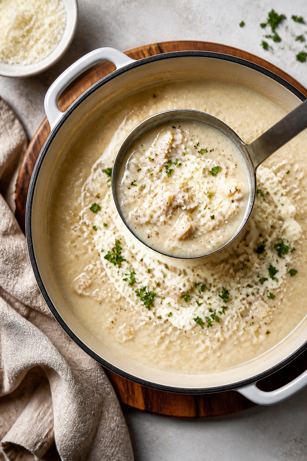 Tasty top view, overhead: Overhead shot of a ladle poised above the pot, scooping the blended, velve