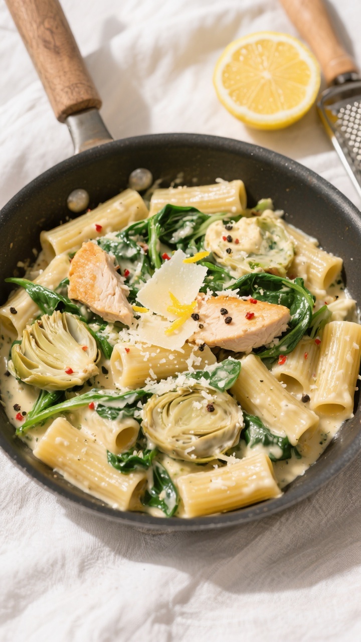 Tasty top view (overhead): Overhead shot of creamy spinach artichoke chicken pasta tossed with rigat