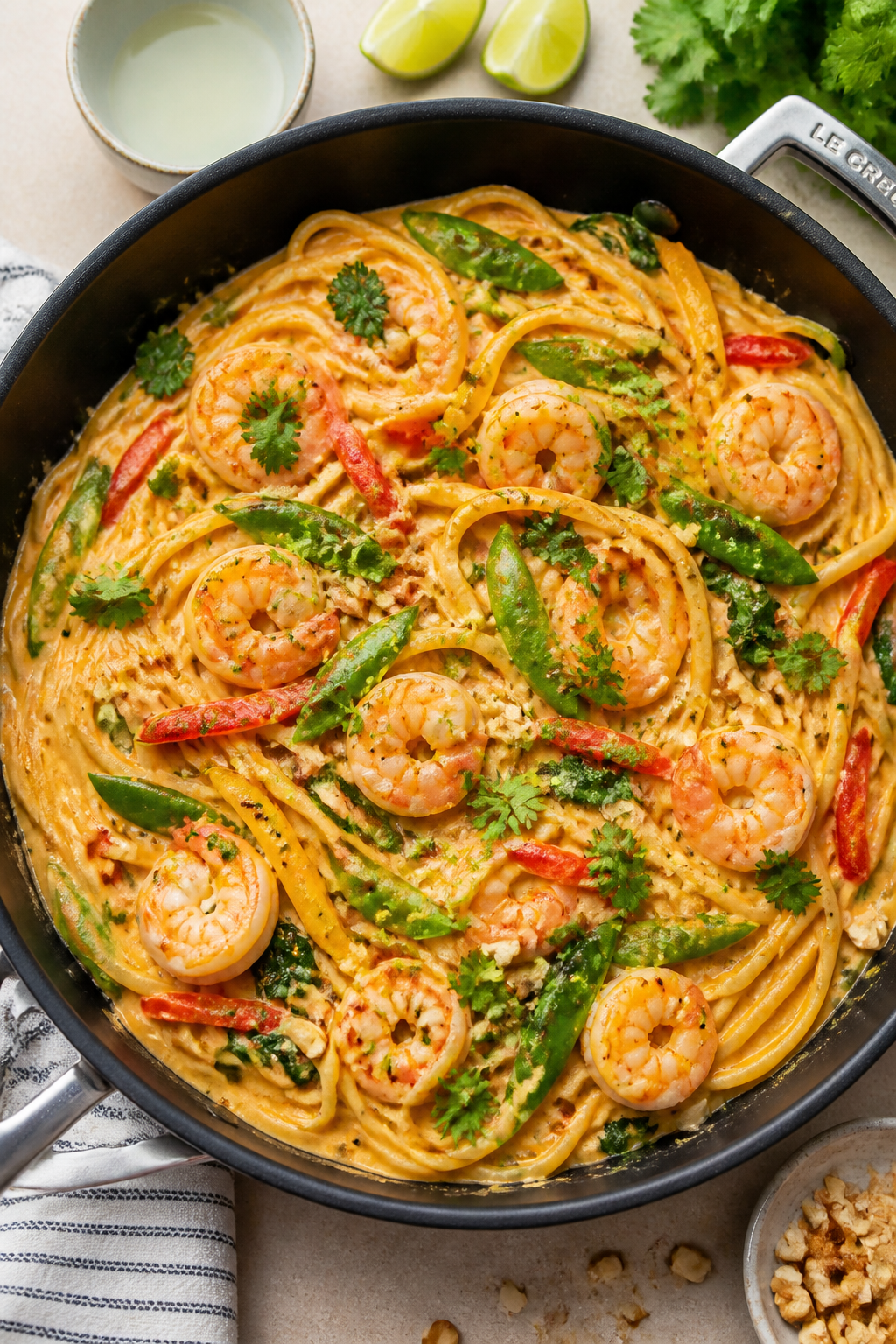 Tasty top view, overhead: Overhead shot of creamy coconut curry pasta tossed with linguine in a wide