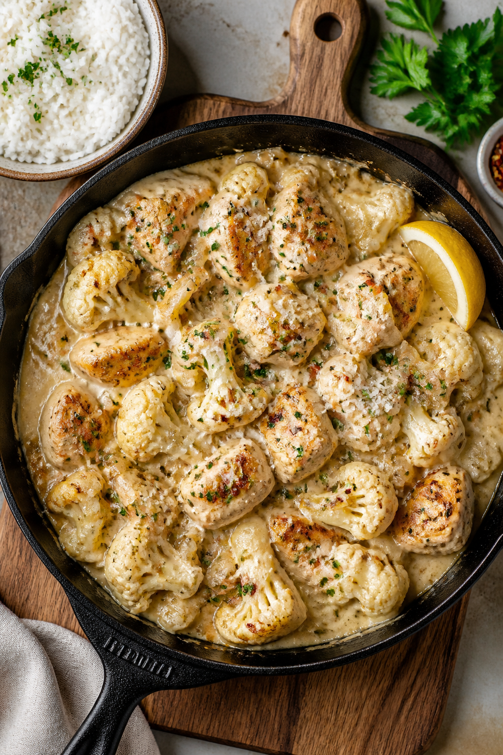 Tasty top view, overhead: Overhead shot of Creamy Smothered Cauliflower and Chicken served family-st