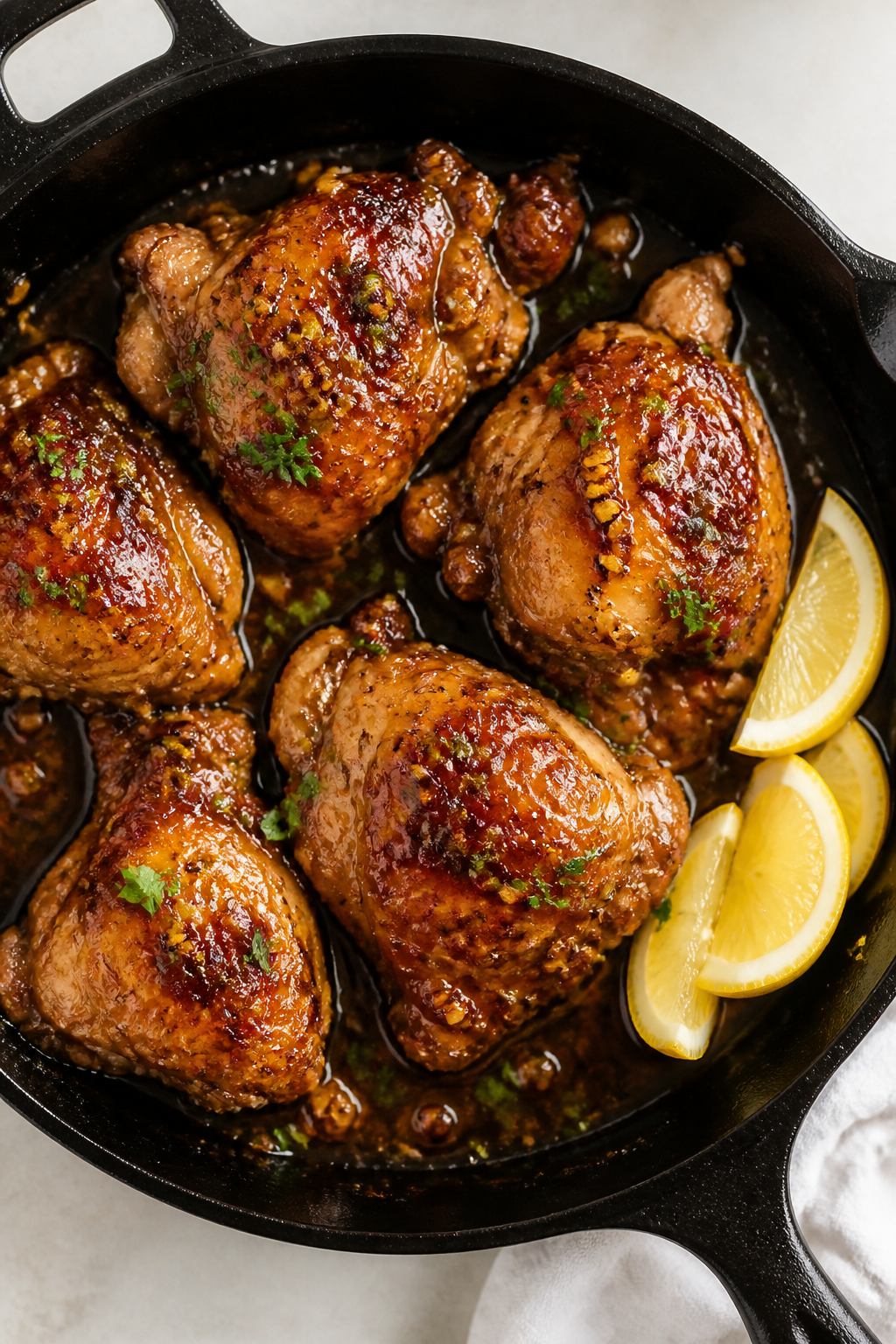 Tasty top view, overhead: Overhead shot of finished brown sugar garlic chicken thighs arranged skin-