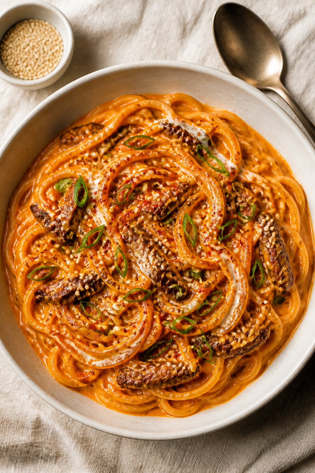 Tasty top view, overhead: Overhead shot of glossy spaghetti tangled in creamy gochujang-laced sauce 