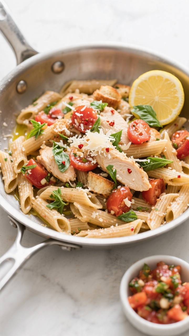 Tasty top view, overhead: Overhead shot of Healthy Bruschetta Chicken Pasta tossed in a wide, shallo