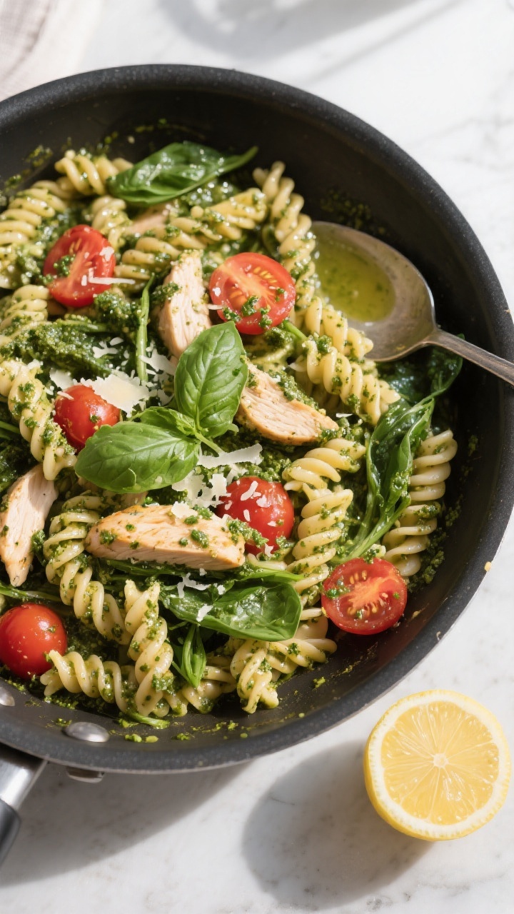 Tasty top view, overhead: Overhead shot of Healthy Chicken Pesto Pasta in a large sauté pan just af