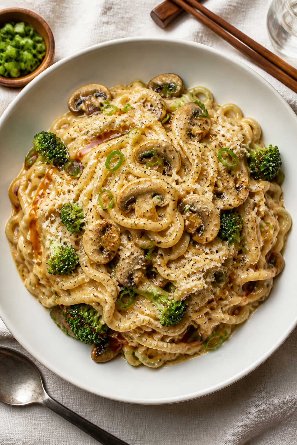 Tasty top view, overhead: Overhead shot of Honey Soy Garlic Ramen Alfredo twirled into nests in a wi