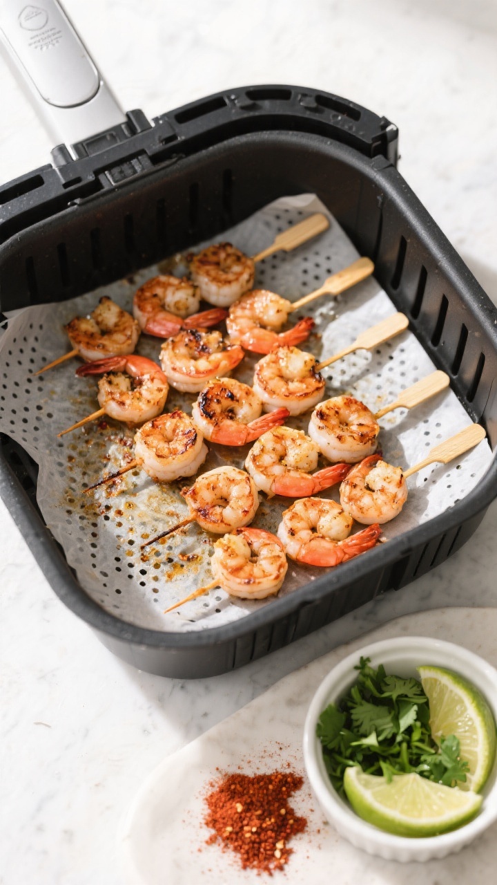 Tasty top view (overhead): Overhead shot of shrimp skewers arranged in a neat single layer inside an