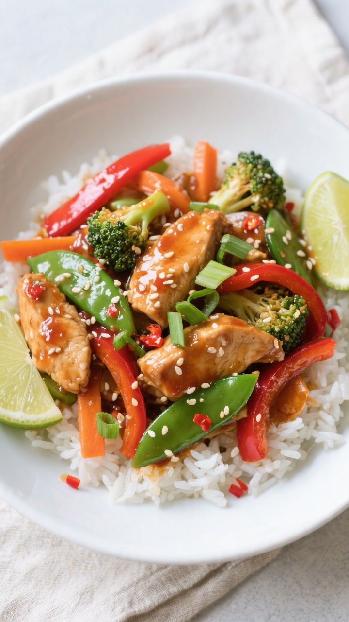 Tasty top view, overhead: Overhead shot of Sweet Chili Chicken Stir Fry just after saucing—glossy,