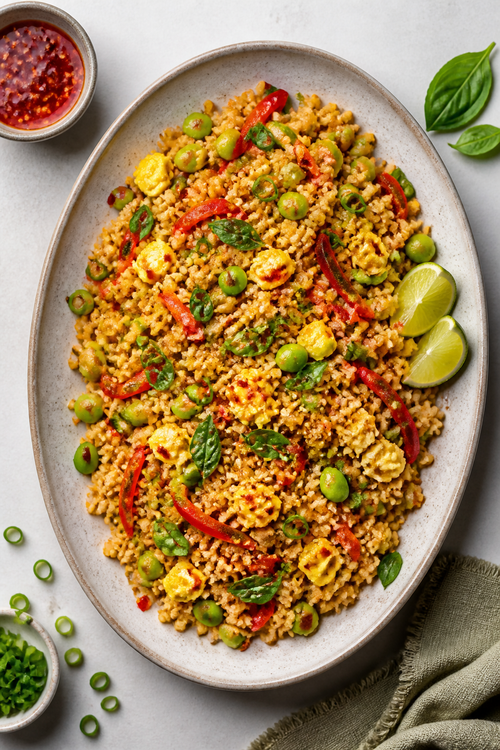 Tasty top view — Overhead platter of veggie-forward Sweet Chili Cauliflower Rice Stir Fry (no prot