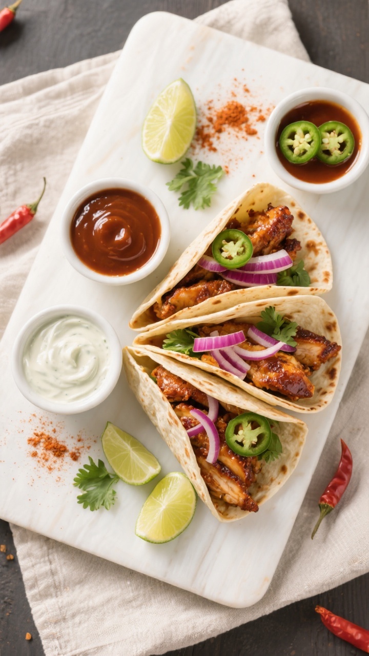 Tasty top view: Overhead platter shot of finished crispy BBQ chicken wraps halved and arranged fan-s
