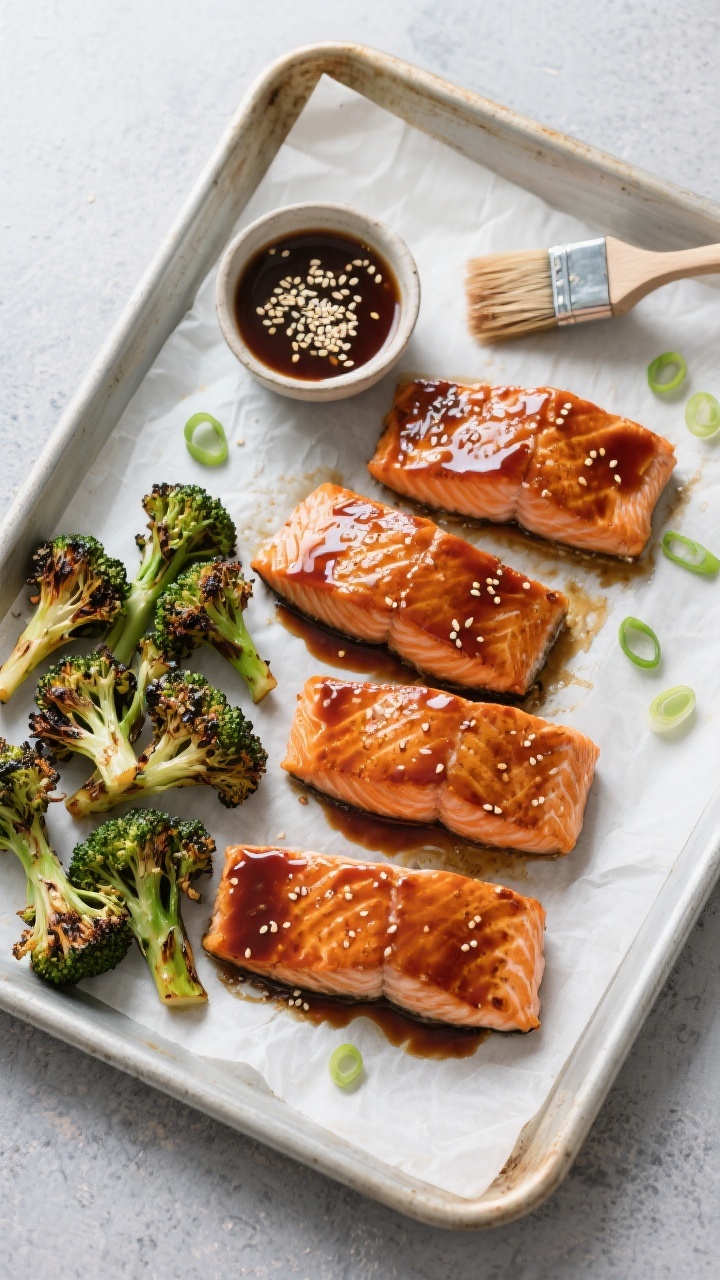 Tasty top view (overhead): Sheet pan dinner scene showing four roasted miso-glazed salmon fillets wi