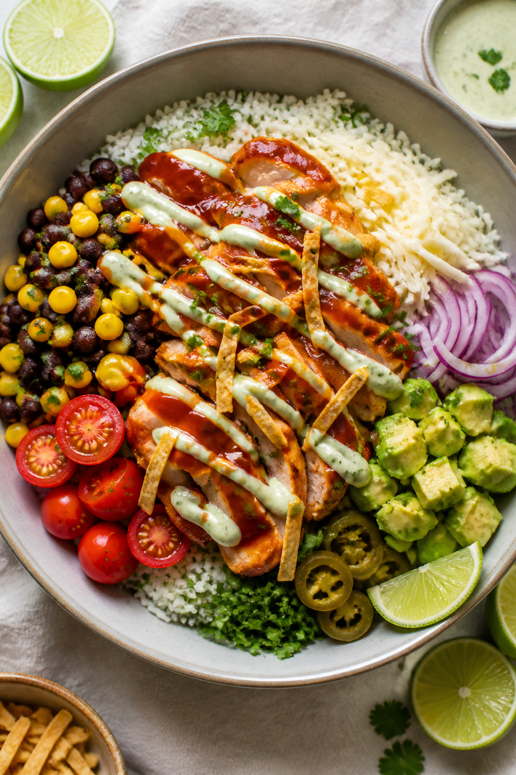 Tasty top view: Overhead shot of a BBQ Chicken Taco Bowl built on cilantro-lime rice—sliced saucy 