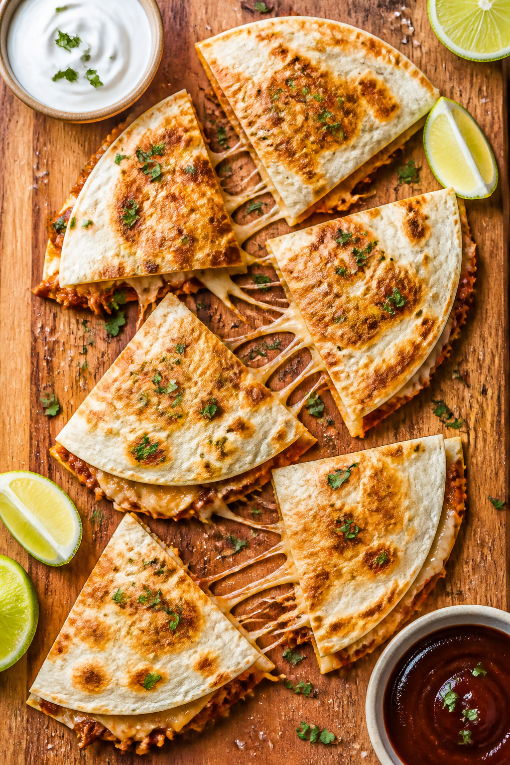 Tasty top view: Overhead shot of a cutting board with two freshly cooked BBQ pulled pork quesadillas