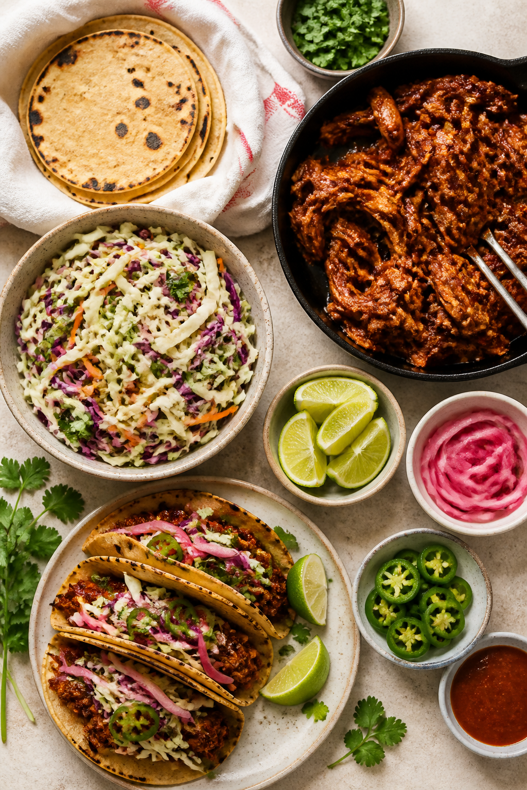 Tasty top view: Overhead shot of a DIY taco assembly board—stack of lightly charred corn tortillas