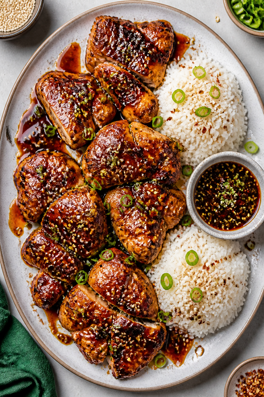 Tasty top view: Overhead shot of a family-style platter of teriyaki chicken thighs, deeply carameliz