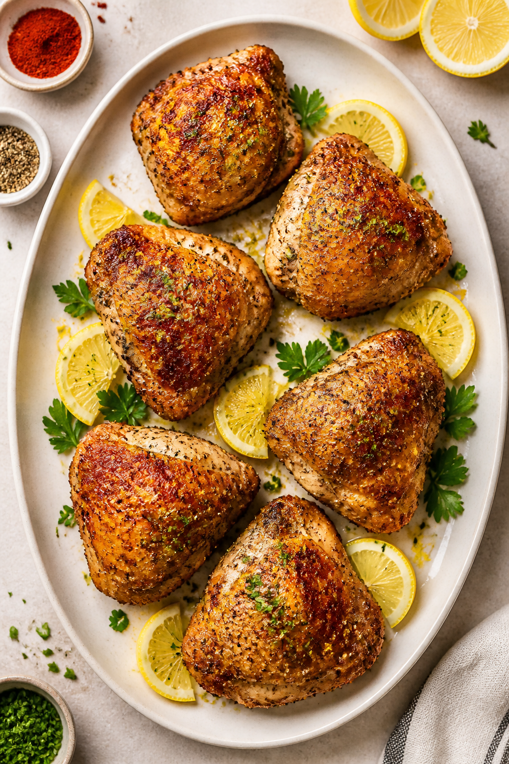 Tasty top view: Overhead shot of a family-style platter of golden, crackly-skinned lemon pepper chic