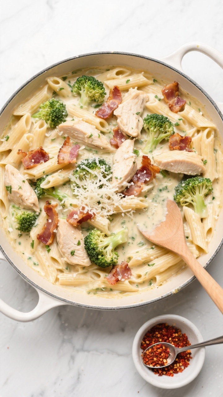Tasty top view: Overhead shot of a family-style serving—creamy penne with chicken, bacon, and broc