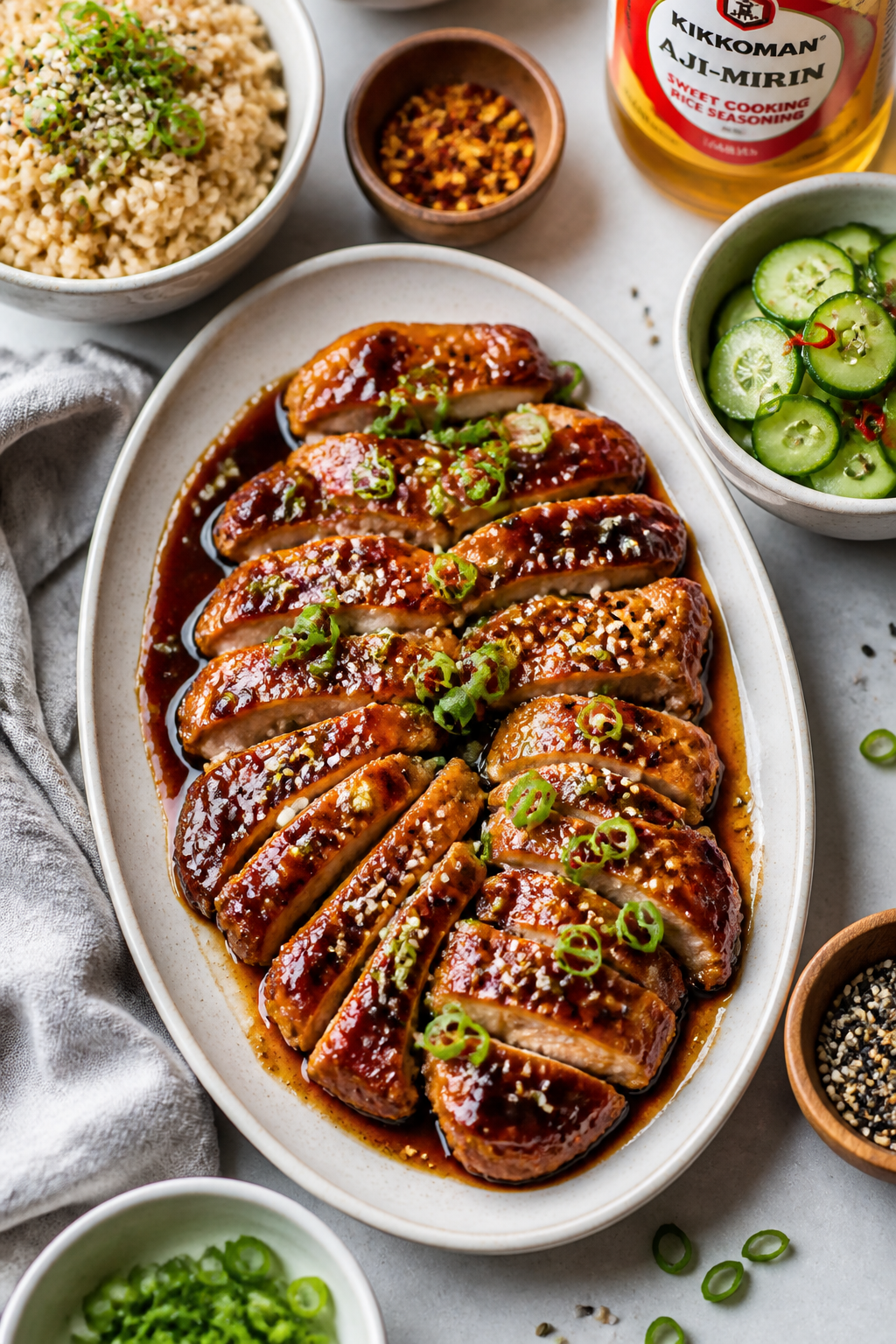 Tasty top view: Overhead shot of a family-style serving—sliced teriyaki chicken thighs arranged in