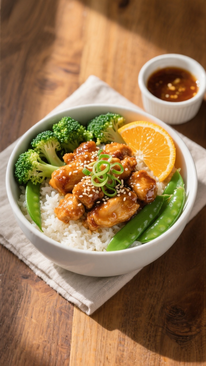 Tasty top view: Overhead shot of a finished bowl of Crispy Orange Chicken over fluffy steamed jasmin