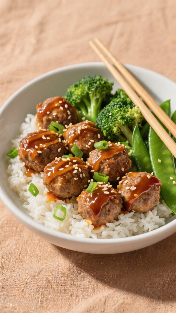 Tasty top view: Overhead shot of a finished bowl—rice base topped with honey garlic turkey meatbal