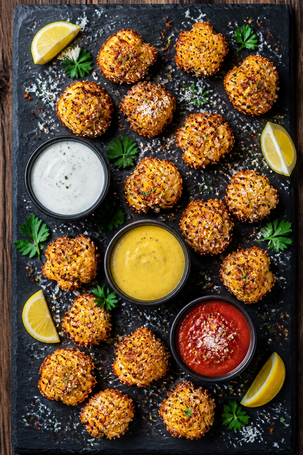 Tasty top view: Overhead shot of a game-night spread of baked cauliflower nuggets arranged with spac