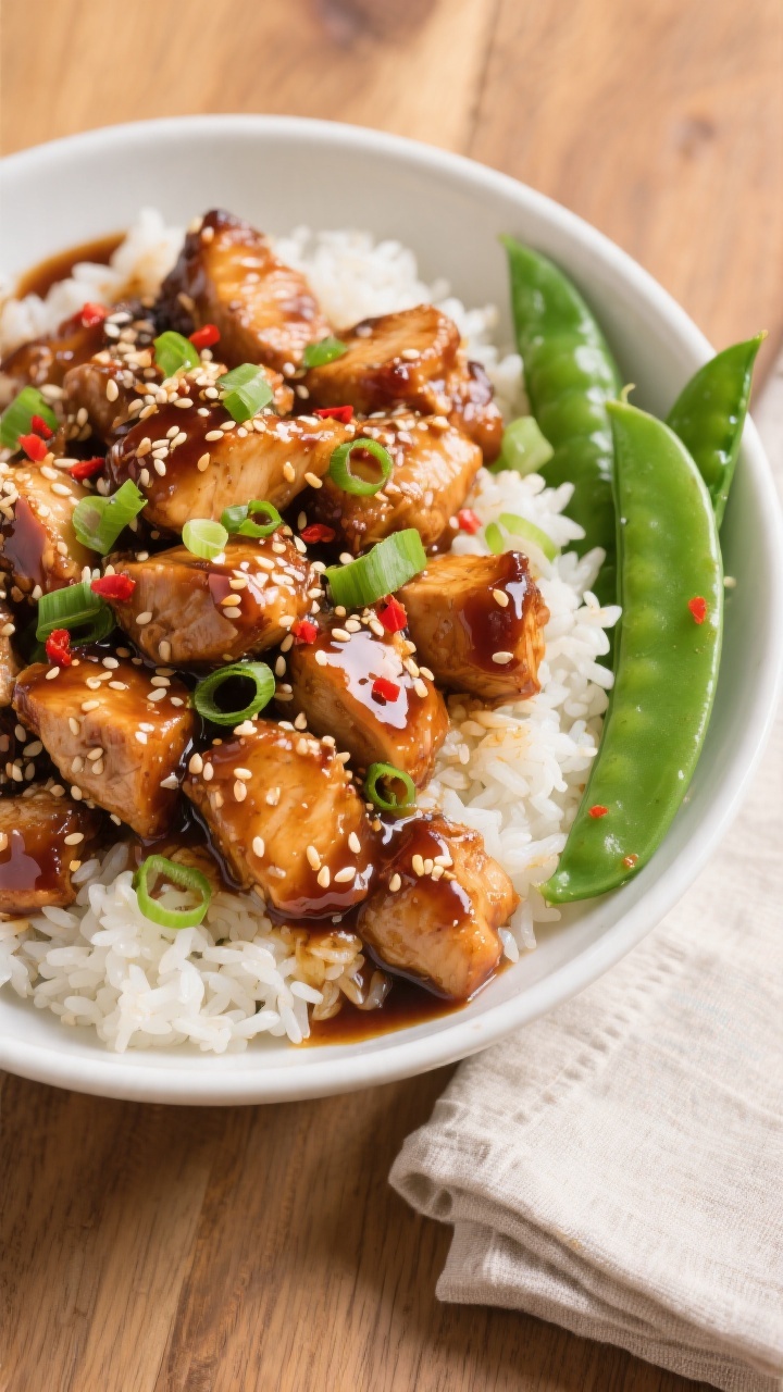 Tasty top view: Overhead shot of a generous bowl of sticky teriyaki chicken bites served over fluffy