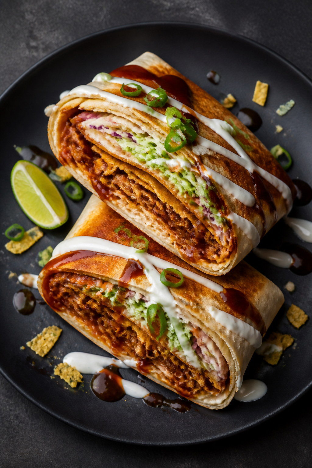 Tasty top view: Overhead shot of a halved BBQ Chicken Crunchwrap on a matte black plate, revealing l