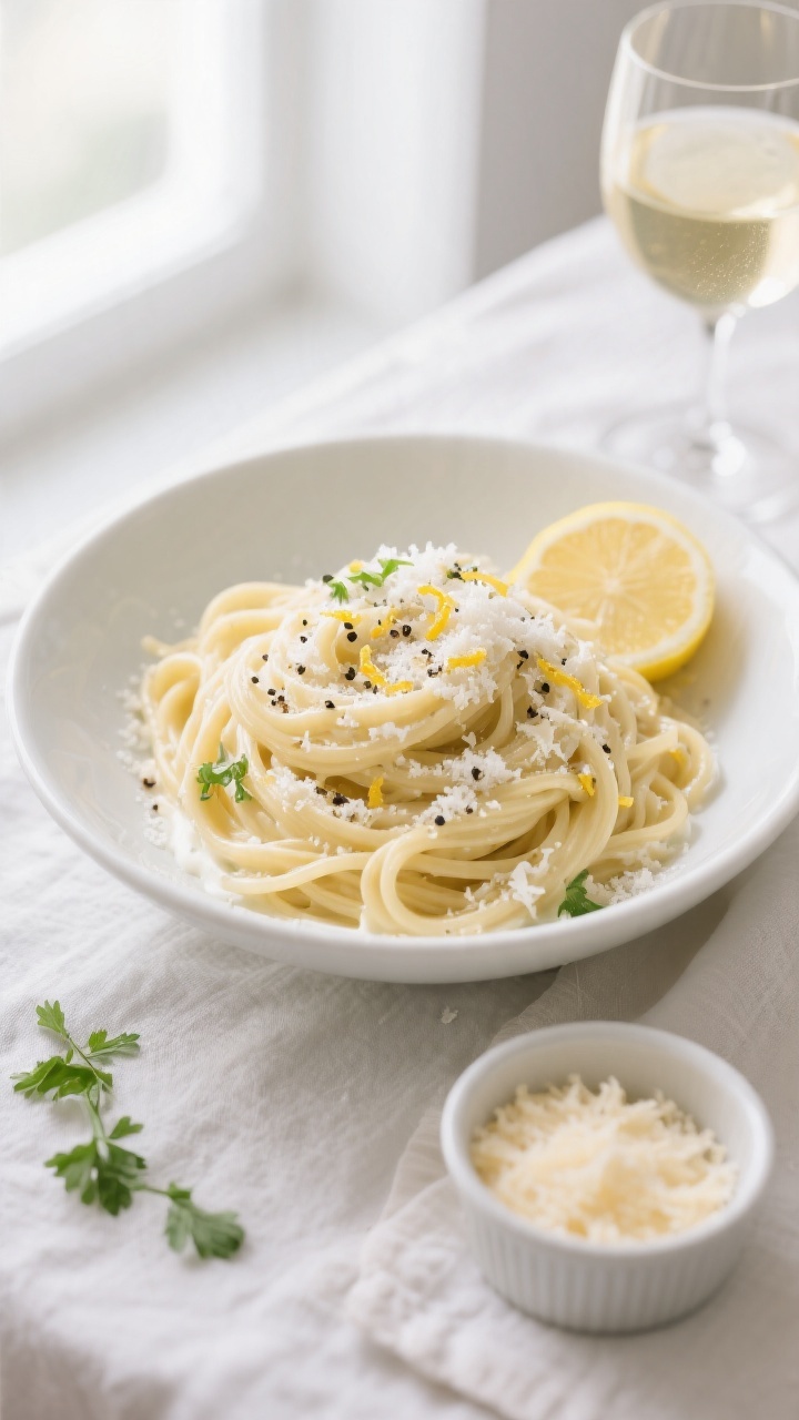 Tasty top view: Overhead shot of a just-plated bowl of Greek Yogurt Alfredo Pasta, noodles swirled i