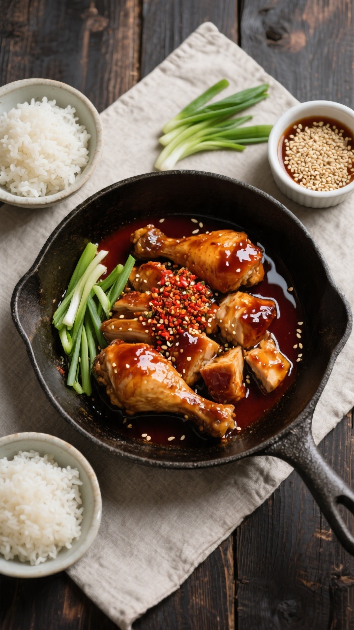 Tasty top view: Overhead shot of a one-pan weeknight spread—skillet of fully glazed chicken center