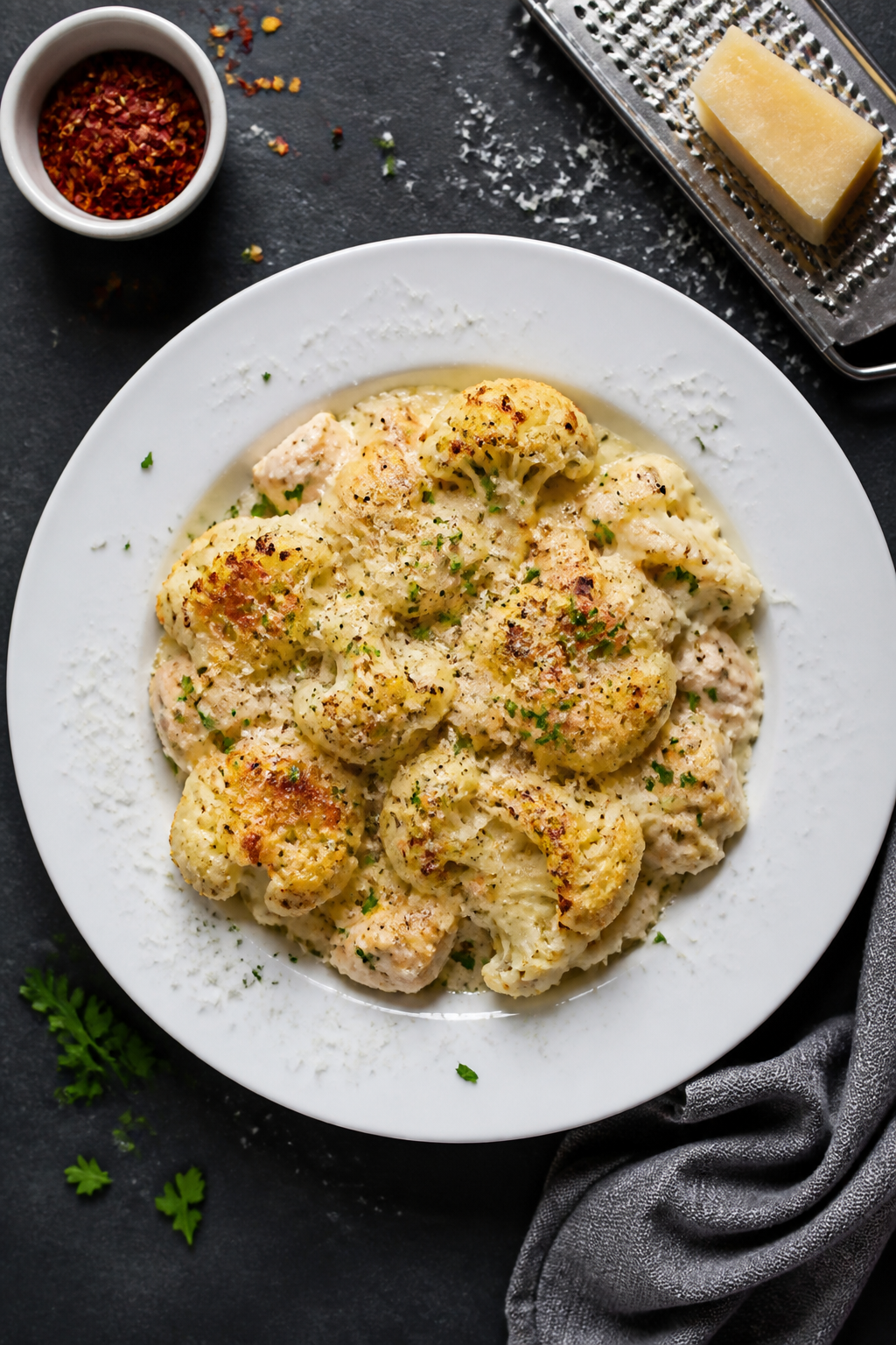 Tasty top view: Overhead shot of a plated serving of Creamy Chicken and Cauliflower Alfredo Bake on 