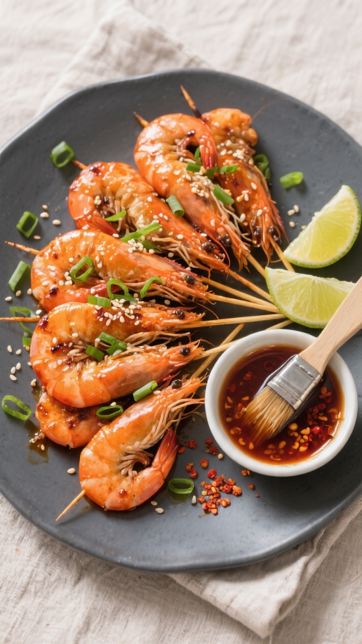 Tasty top view: Overhead shot of a platter of cooked Korean BBQ shrimp skewers arranged in a tight f
