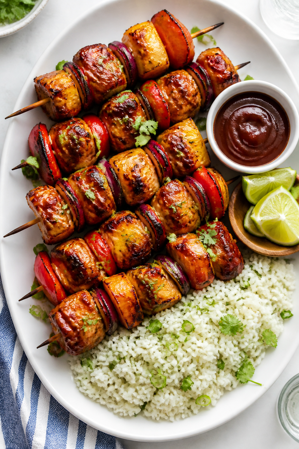 Tasty top view: Overhead shot of a platter of finished BBQ Pineapple Chicken Kabobs arranged in neat
