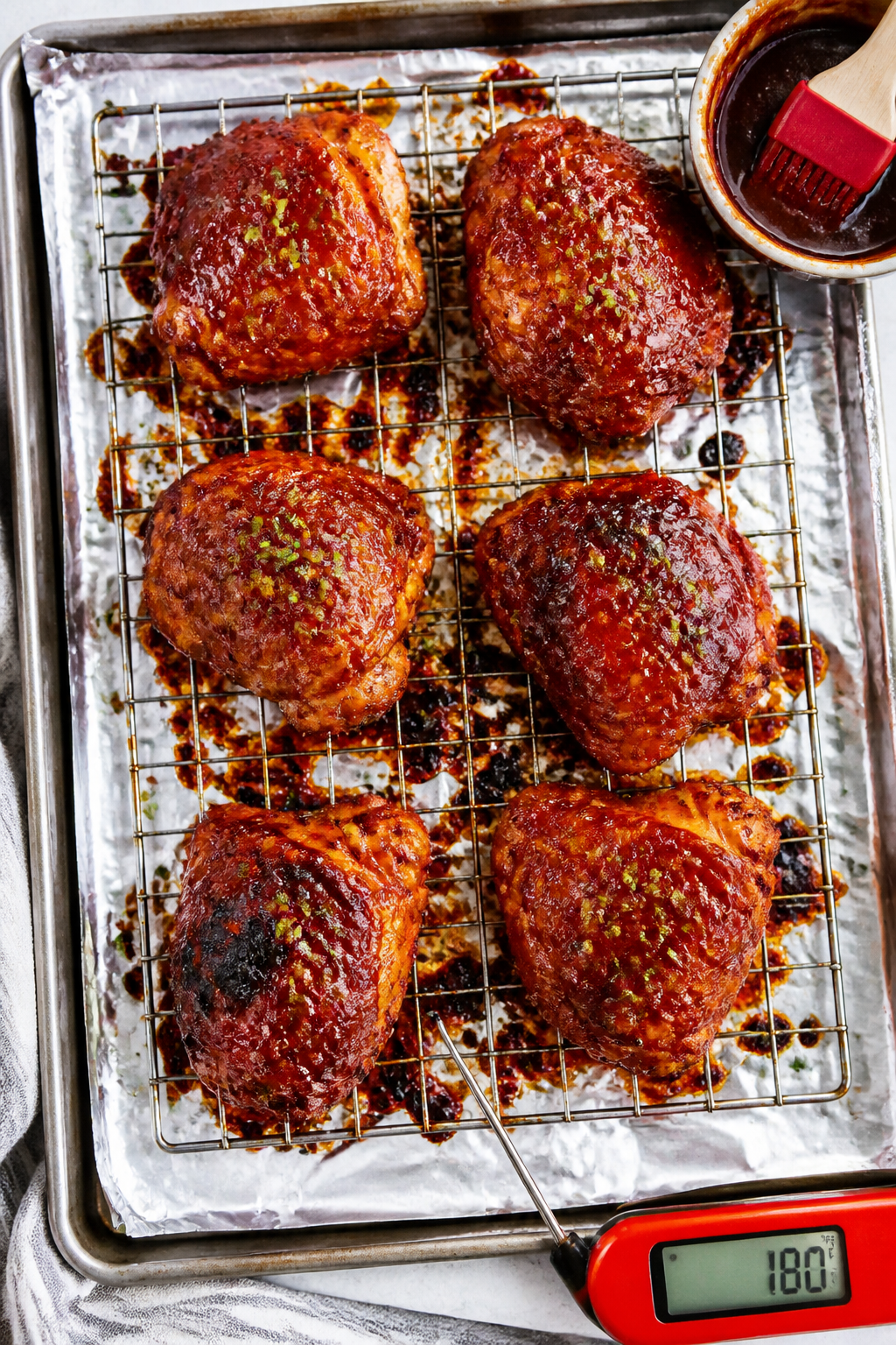 Tasty top view: Overhead shot of a sheet pan bake—honey BBQ chicken thighs just out of the oven on