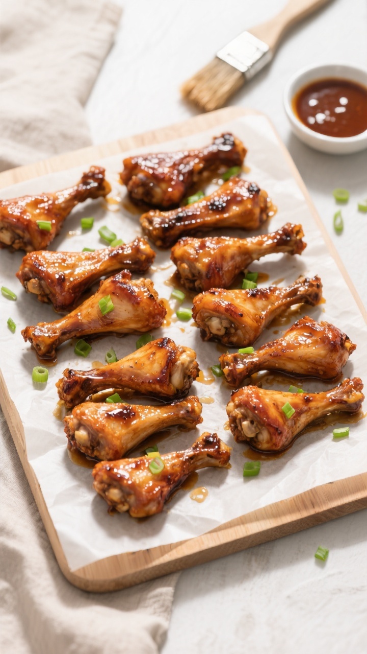 Tasty top view: Overhead shot of a single layer of cooked drumsticks arranged in a neat grid on a pa