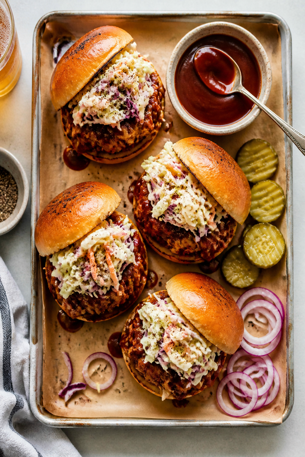 Tasty top view: Overhead shot of a small tray of assembled BBQ Chicken Sloppy Joe sliders (3–4 min