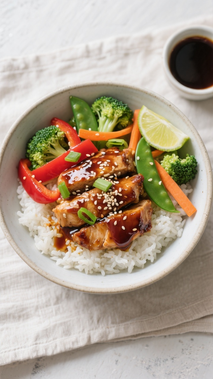 Tasty top view: Overhead shot of a Teriyaki Chicken & Veggie Bowl—fluffy white jasmine rice base t