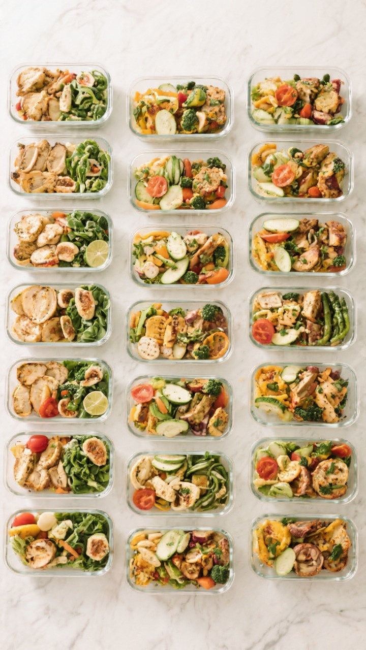 Tasty top view: Overhead shot of a weeknight meal prep spread—rows of evenly sized 1–