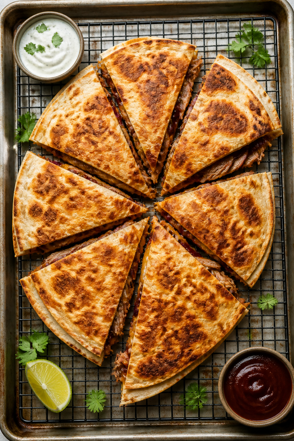 Tasty top view: Overhead shot of a whole quesadilla sliced into neat wedges on a wire rack set over 