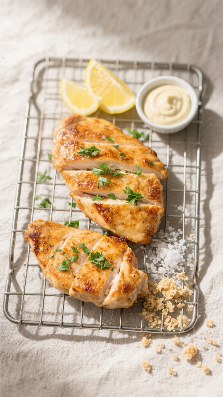 Tasty top view: Overhead shot of a wire rack holding freshly cooked chicken cutlets resting for 2 mi