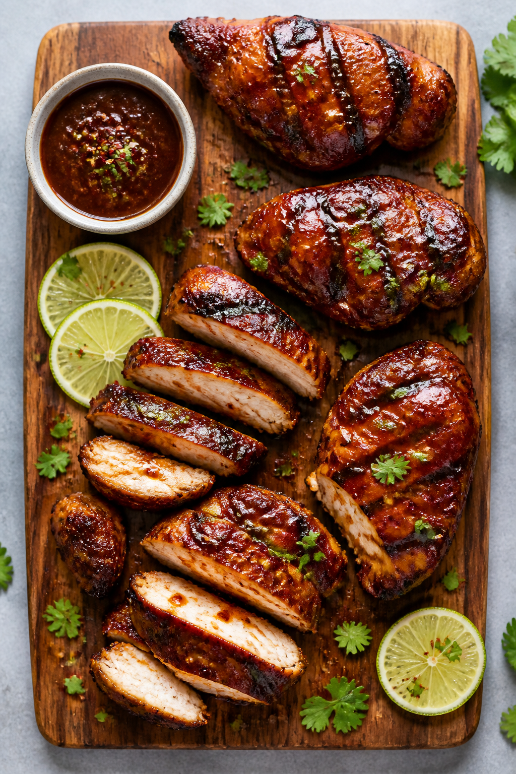Tasty top view: Overhead shot of a wooden board piled with sliced and whole pieces of Grilled BBQ Ho