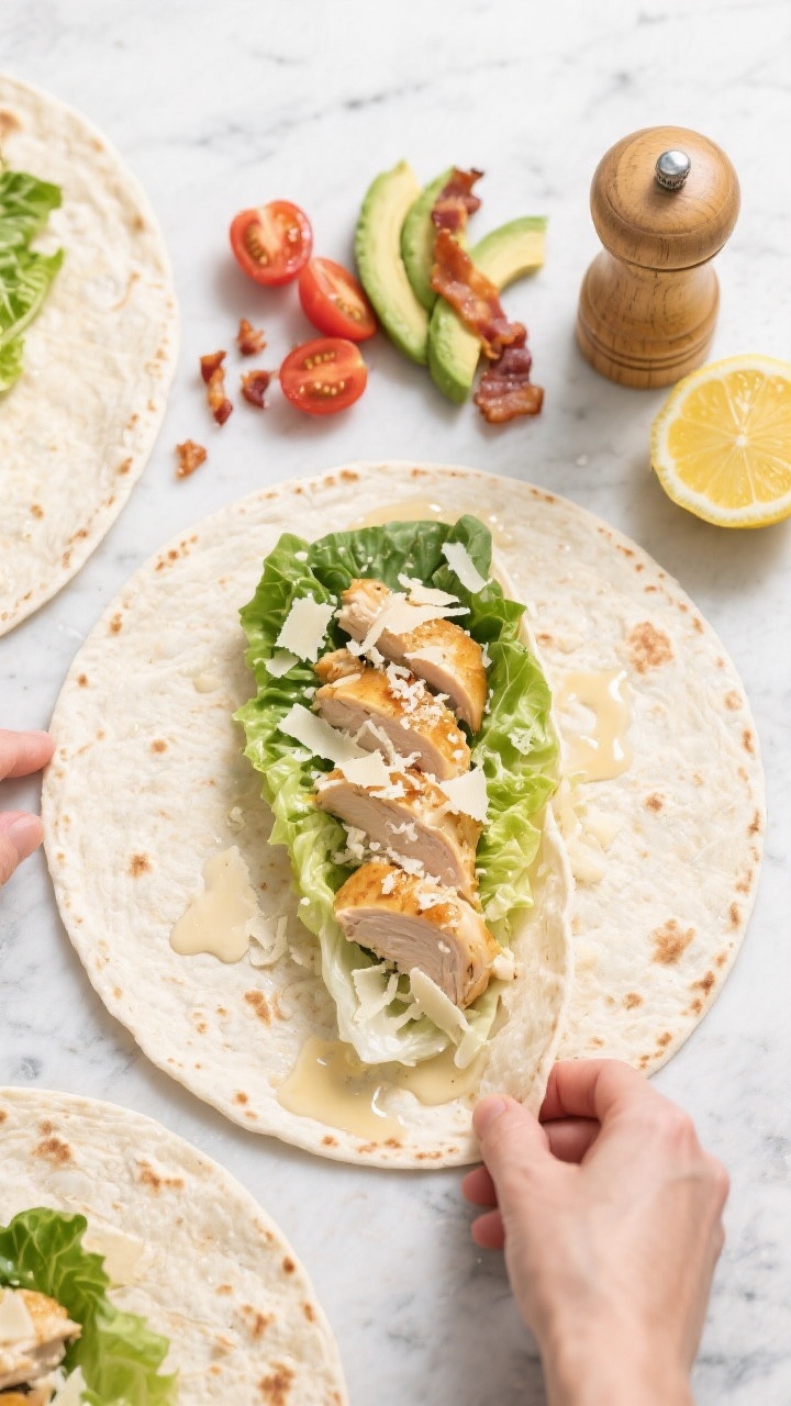 Tasty top view: Overhead shot of an assembly scene for Chicken Caesar wraps—warm flour tortillas l