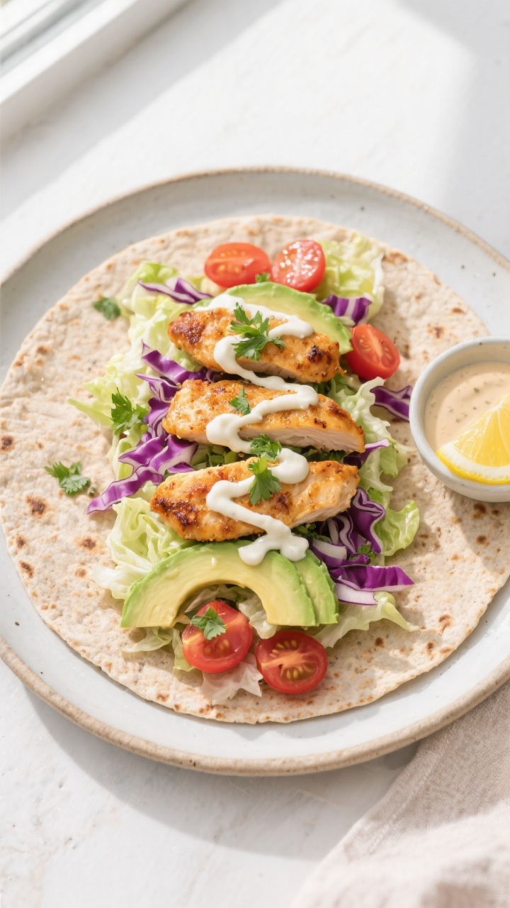 Tasty top view: Overhead shot of an open whole wheat tortilla on a light ceramic plate, neatly layer