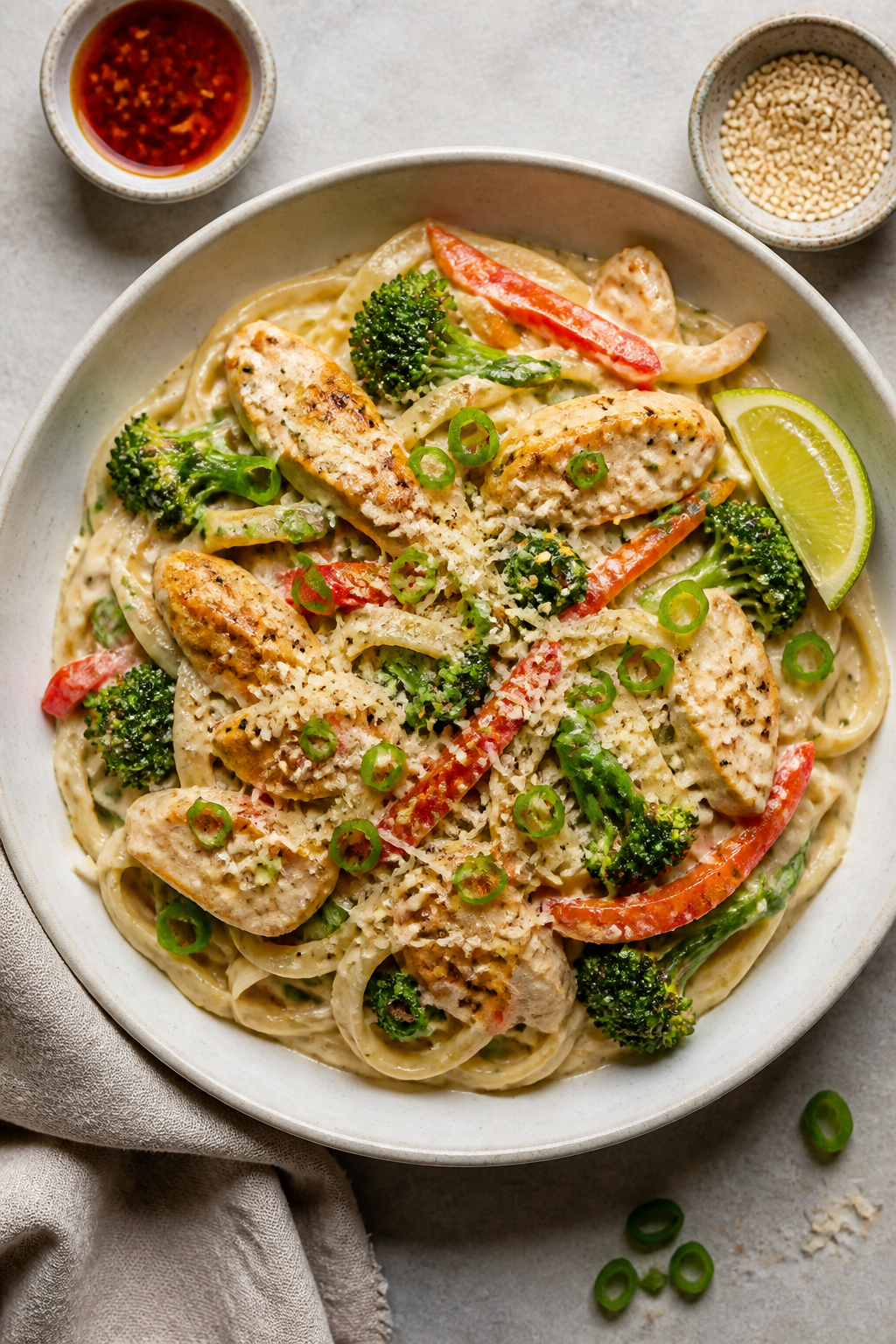 Tasty top view: Overhead shot of Asian Chicken Alfredo Stir Fry twirled with fettuccine in a wide, s