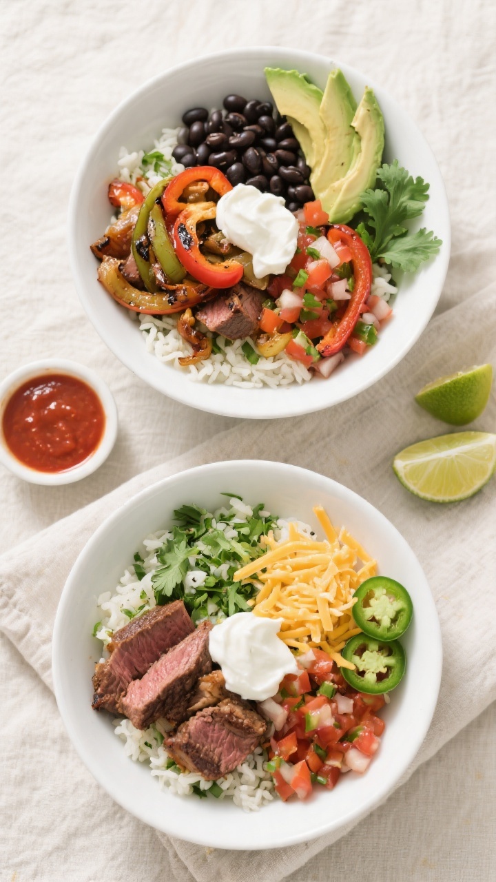 Tasty top view: Overhead shot of assembled Air Fryer Steak Fajita Bowls—fluffy cilantro-lime rice 