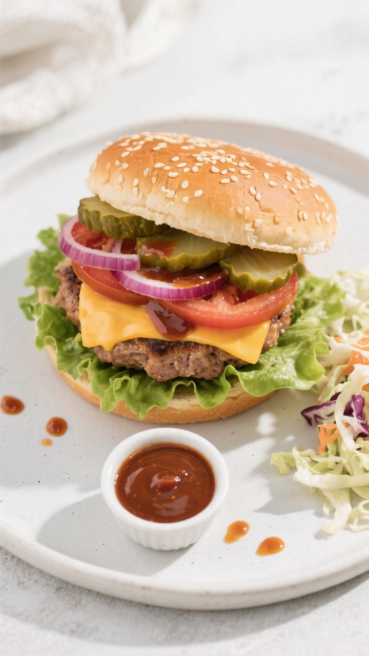Tasty top view: Overhead shot of assembled Air Fryer BBQ Turkey Burger on a toasted brioche bun, sha