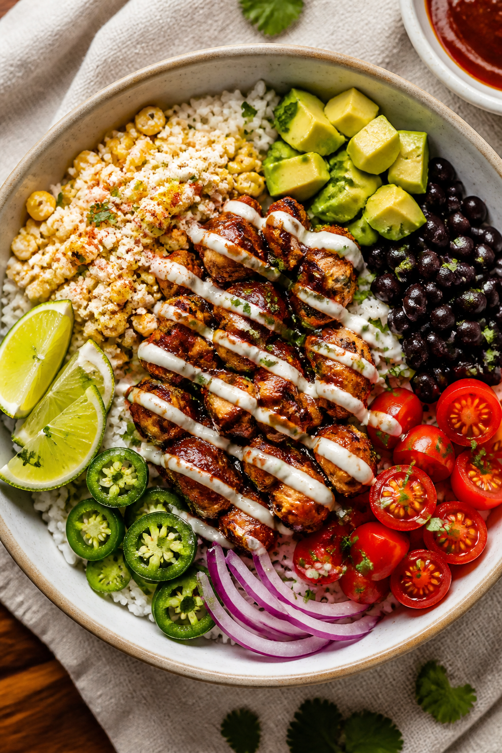 Tasty top view: Overhead shot of assembled BBQ Chicken Burrito Bowl—warm white rice base with a sq