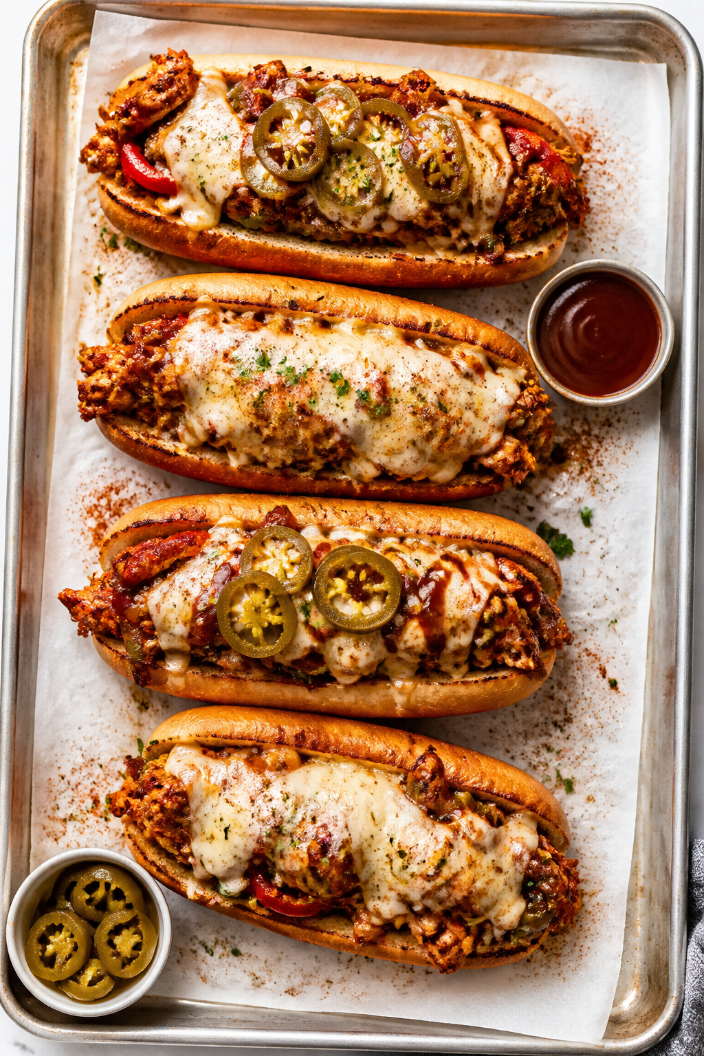 Tasty top view: Overhead shot of assembled BBQ Chicken Philly Cheesesteaks on a parchment-lined shee