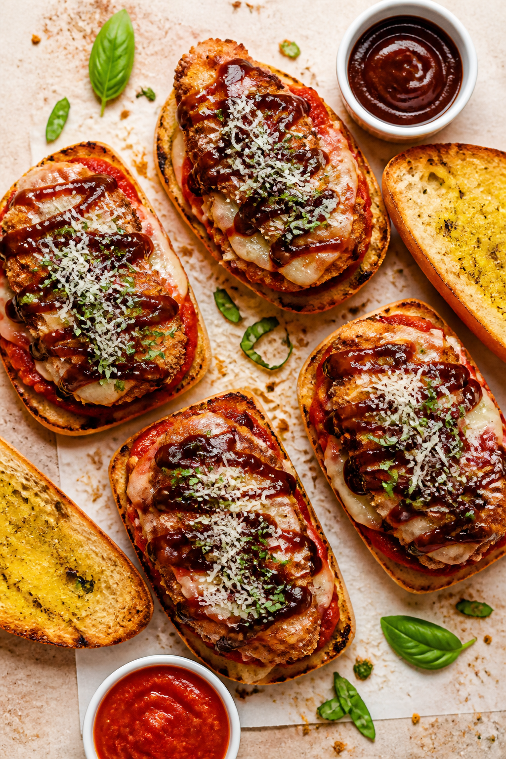 Tasty top view: Overhead shot of assembled BBQ Chicken Parmesan Melts on toasted ciabatta halves—c