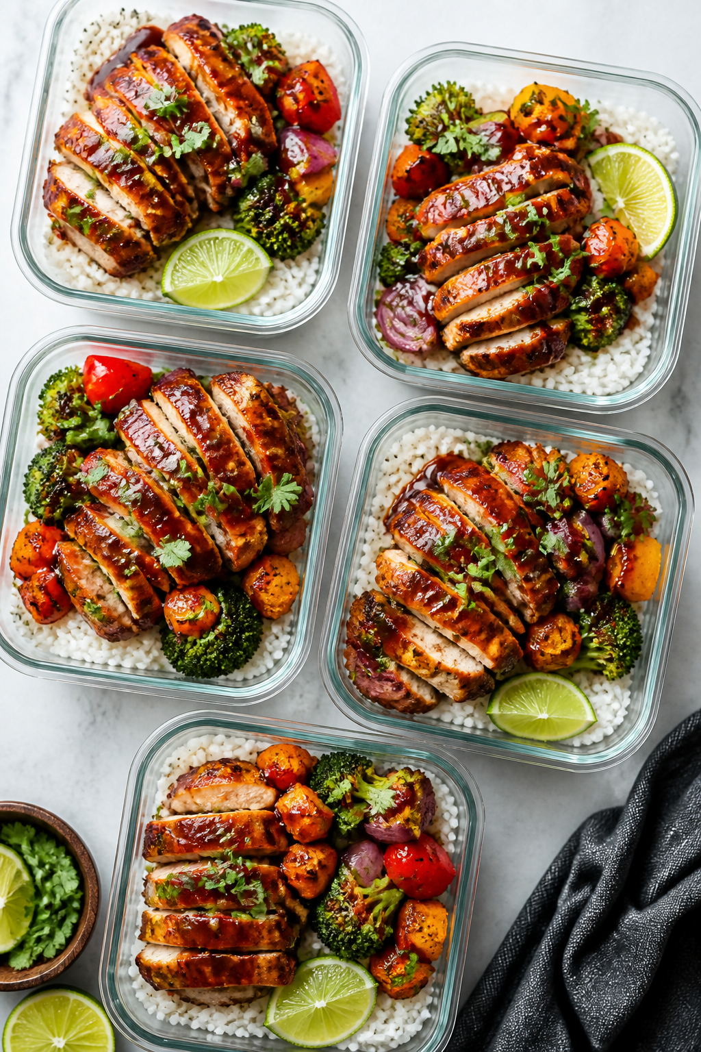 Tasty top view: Overhead shot of assembled BBQ chicken meal prep bowls—fluffy white or jasmine ric