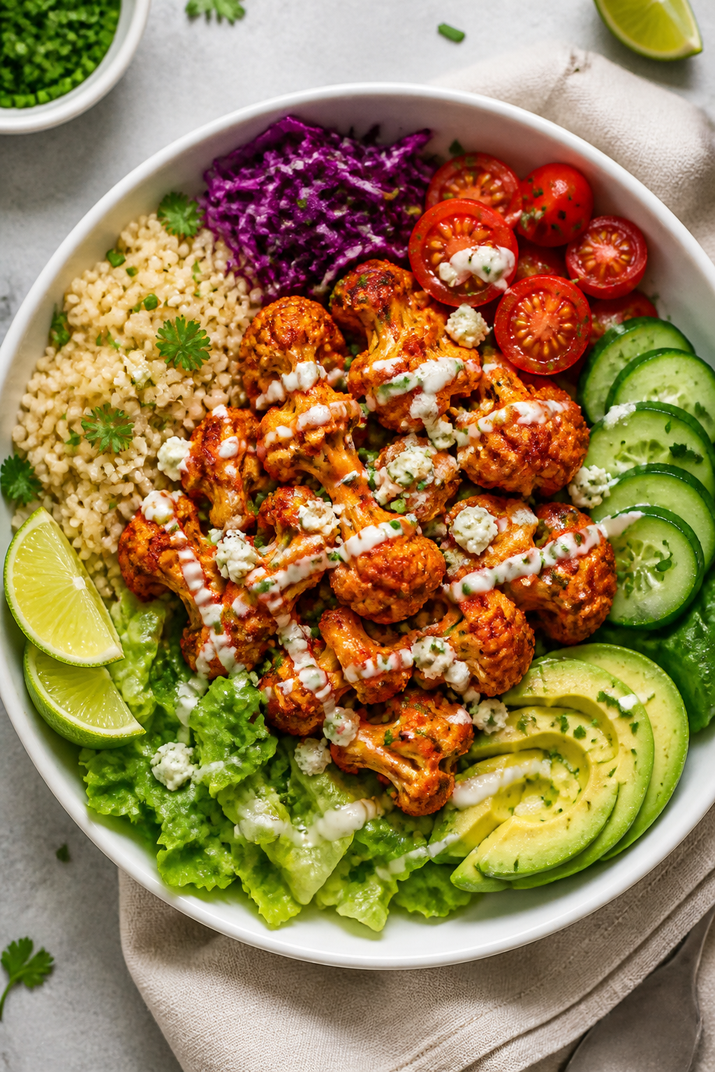 Tasty top view: Overhead shot of assembled buffalo cauliflower dinner bowls featuring a warm base of